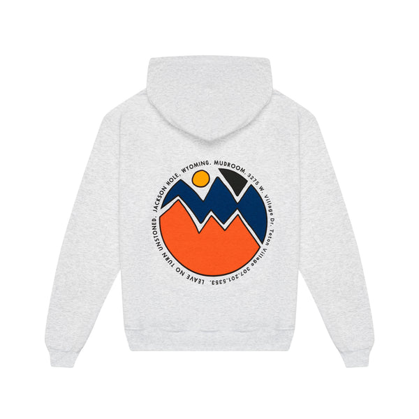 Mudroom logo on a heather grey hoodie, leave no turn unstoned collection. Mudroom in Jackson Hole, Teton Village, WY