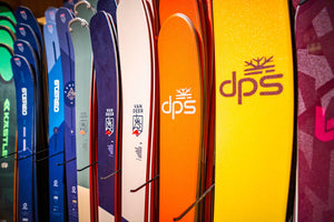 Colorful photo of dps, VAN DEER-RedBull, Stereo and Kastle skis at Mudroom ski shop in Teton Village, Wyoming