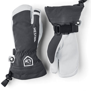 Pair of black and gray Hestra mittens on a white background