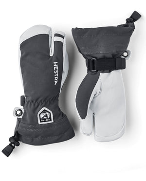 Pair of black and gray Hestra mittens on a white background